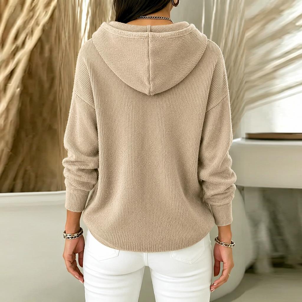 Women's Hooded Knit Cardigan Color Casual Sweater for Everyday Wear