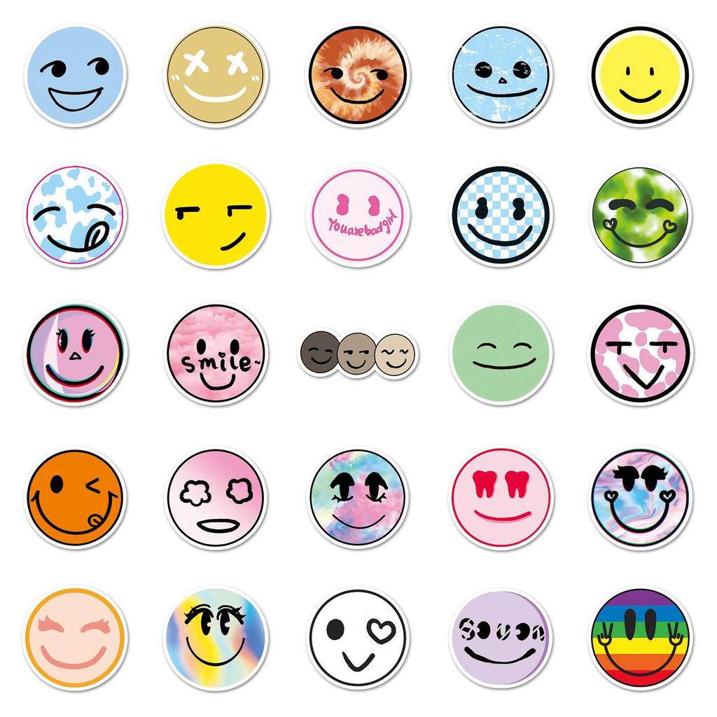 50 Trendy Smiley Face Stickers: Waterproof Cartoon Designs for Suitcases, Scooters, Computers, Tablets, and Water Cups