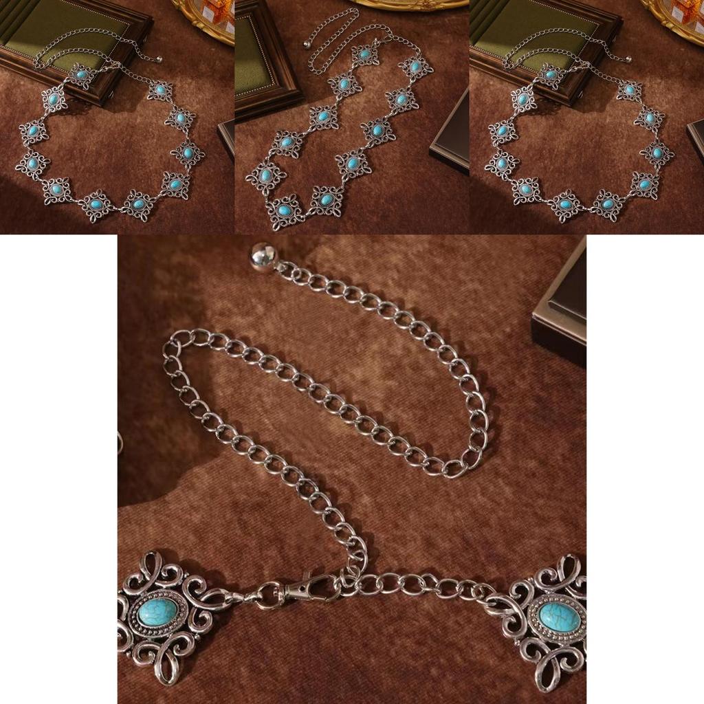 Chinese Knot Metal Waist Accessory With Carved Details And Turquoise For Dress Up