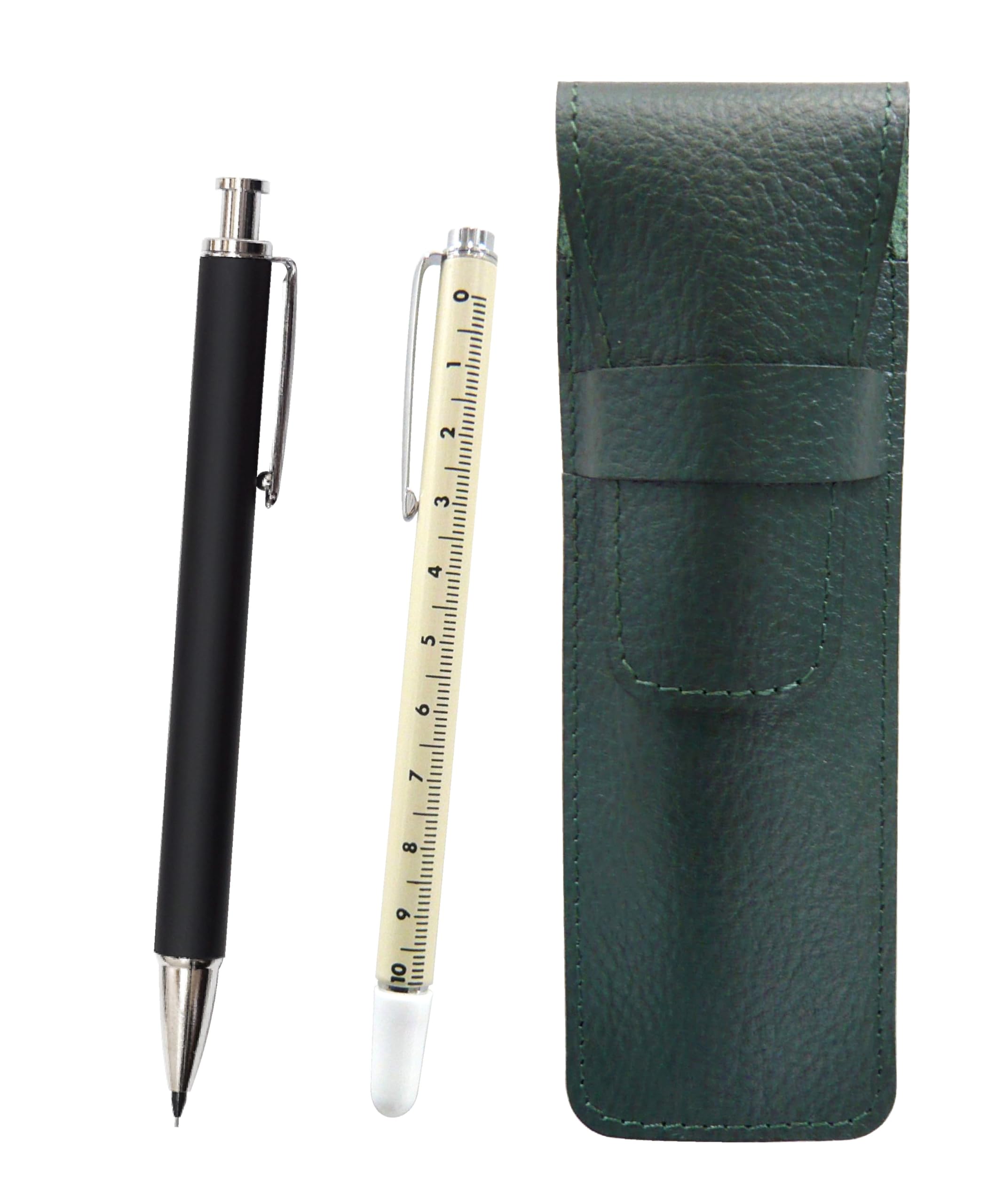

Moss Green Grained Leather Pencil Case with Slide Measuring Stick and Extruded Brass Knock Mechanical Pencil Set Two-Pack Rubber-Barrel (Black)