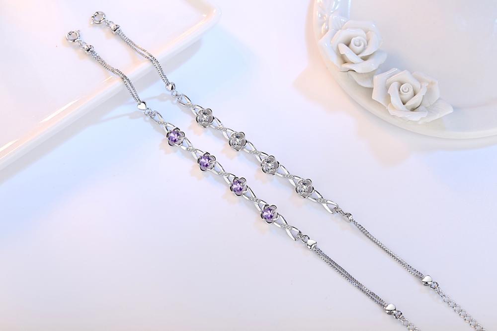Luxury 925 Silver Bracelets Purple White Zirconia Plum Flower Bracelets & Bangles For Women Pulseira De Prata S-B51