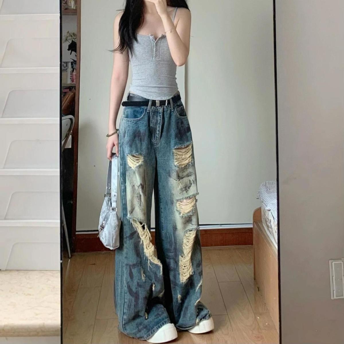 

Broken Hole Big Yard High Street Denim Jeans Women Summer High-Waisted Loose Slim Drag Floor Wide-Leg Pants Retro Street Style Baggy Jeans for Ladies 4XL