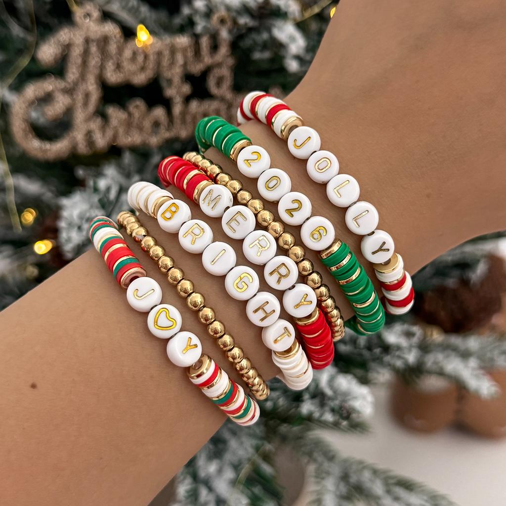 Christmas Contrasting Soft Pottery Letter Elastic Bracelet, Creative Festive Colored Beaded Hand Jewelry