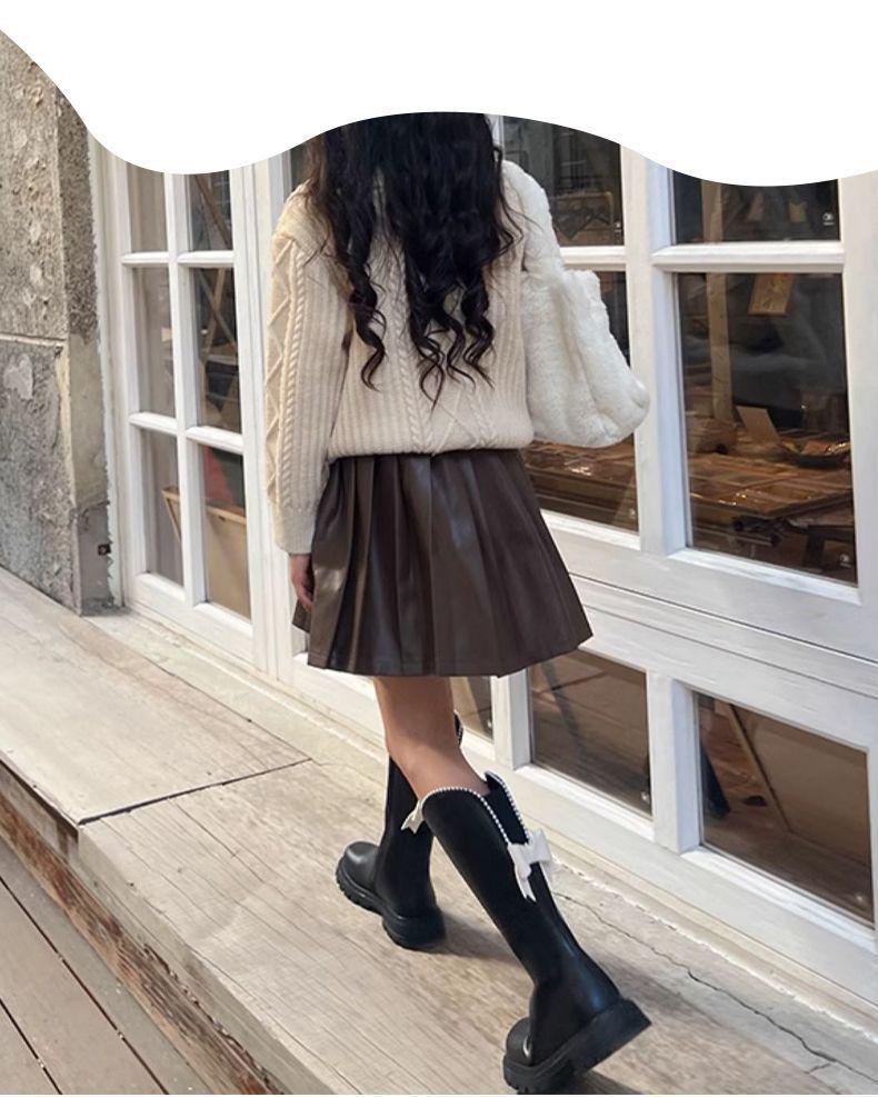 Girls' Fleece-Lined High-Top Long Leather Boots - 2025 Autumn/Winter Collection