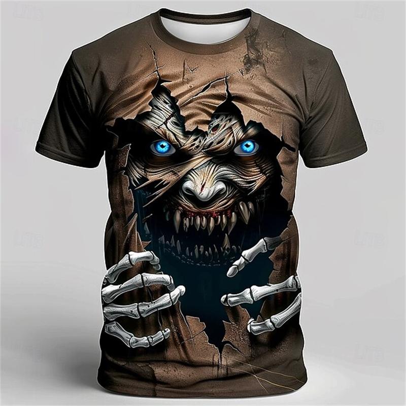 Men's 3D Zombie Horror Print T-Shirt, Casual Round-Neck Short-Sleeve Top Summer Loose-Fit T-Shirt Halloween-Themed Men's Top