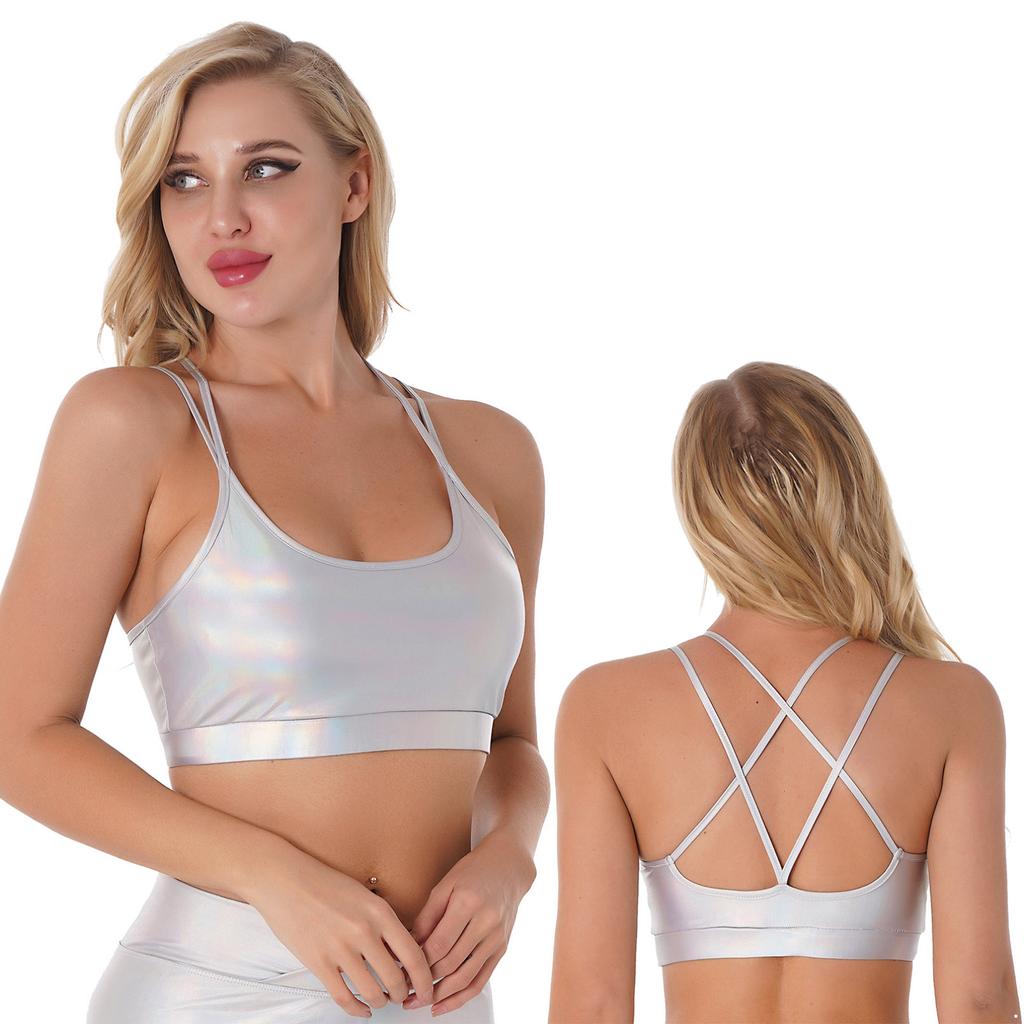 Dámské lesklé kovové pásky s otevřenými zády vyjímatelné vycpávky Gymnastika Jóga Cvičení Podprsenka Vesta