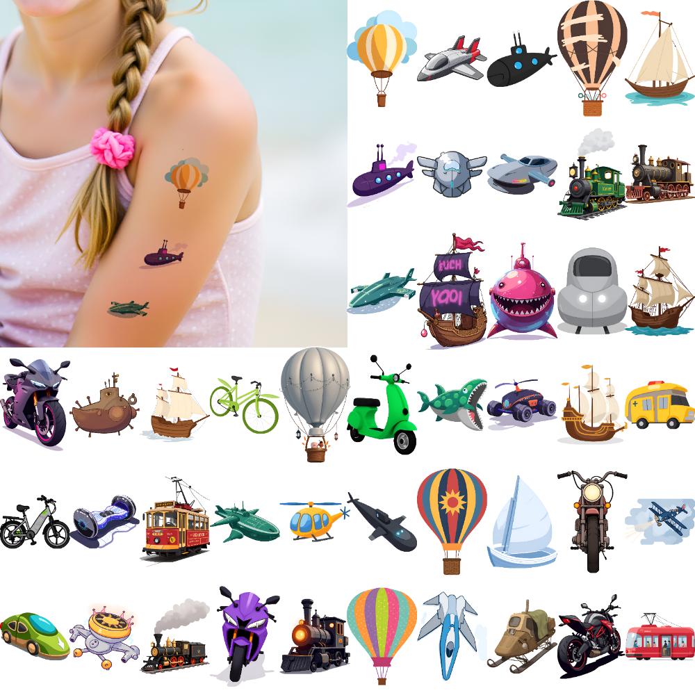 54pcs Temporary Tattoo Cartoon Airplane Motorcycle Submarine For Boys Arms Shoulders