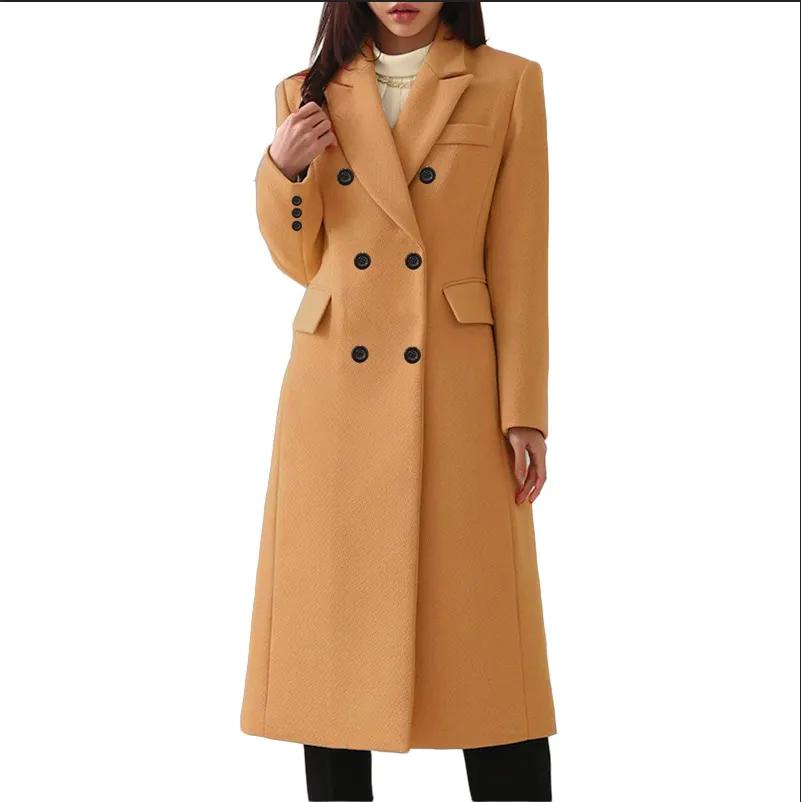 Autumn Winter Warm Large Coat Women Vintage Cardigan Double Breasted Woolen Coat Women Long Sleeve Turn-down Collar Woolen Coat