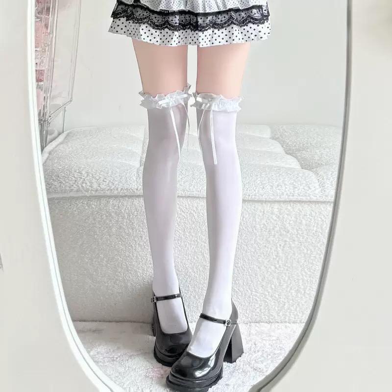 Damen Niedliche Spitze Rüschen Lang Kawaii Socken Süße Mädchen Dünn Atmungsaktiv Strümpfe Jk Lolita Leggings Über Knie Hoch Schleife Strumpfwaren One Size white