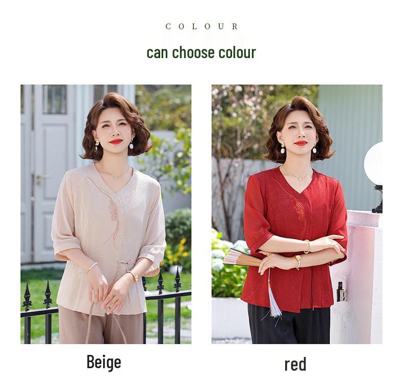 Elegant Chiffon Seven-Sleeve Top for Mom - Dignified & Stylish Summer Wear for Middle-Aged & Elderly Women