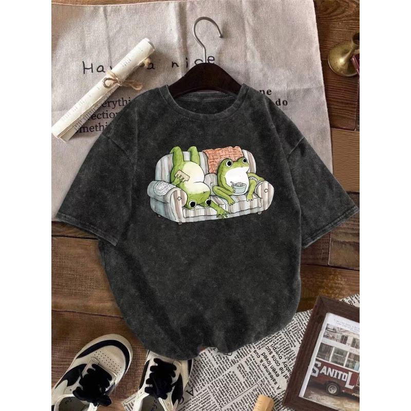 

Lazy Frogs on Couch Print TShirt Cute Funny Cartoon Animal Short Sleeve Casual Crew Neck Tops for Men Women S