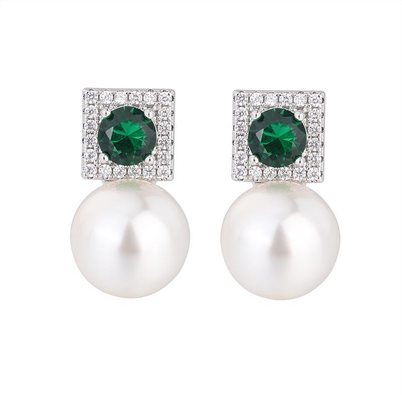 Emerald zircon pearl silver needle earrings imitation natural freshwater pearl stud earrings pendant pearl stud earrings 12mm