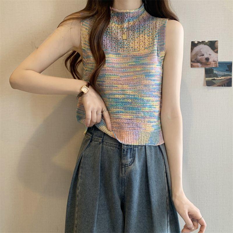Summer French Chic Spicy Girl Rainbow Striped Knitted Small Tank Top Sleeveless Short Top for Women