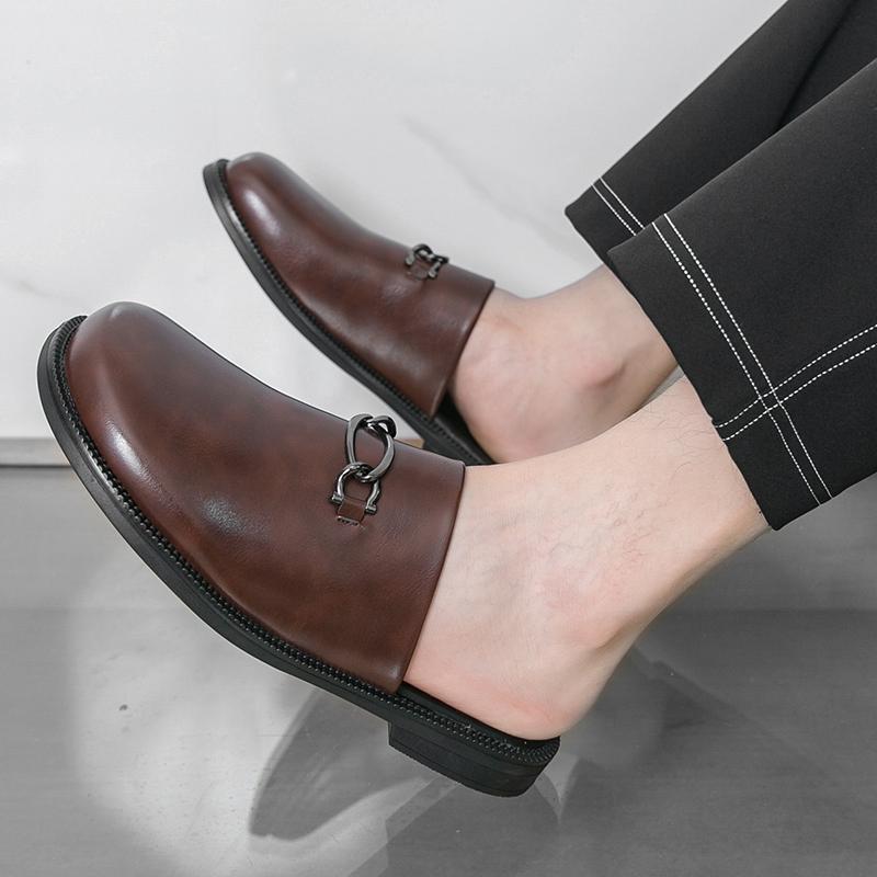 Designer New Men's Metal Button Half Slippers Driving Shoes Casual Pu Leather Mules Moccasins Breathable Loafers Zapatos Hombre