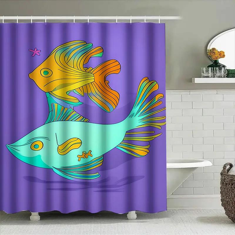 Vibrant Fish Print Shower Curtain Setpurple Background With Orange, Green Blue Tails Decorative Bathroom Fabric Window Treatment