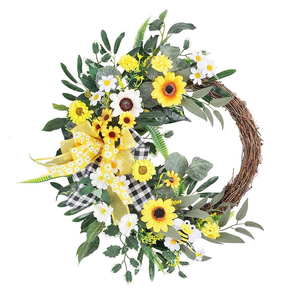 Sunflower Wreath Artificial Floral Rattan Ring Wreath for Front Door Decoration Outer Diameter 50cm