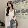 Women's V Neck Long Sleeve Button Down Shirt Slim Fit Korean Style Solid Color Sun Protection Cardigan Casual Top