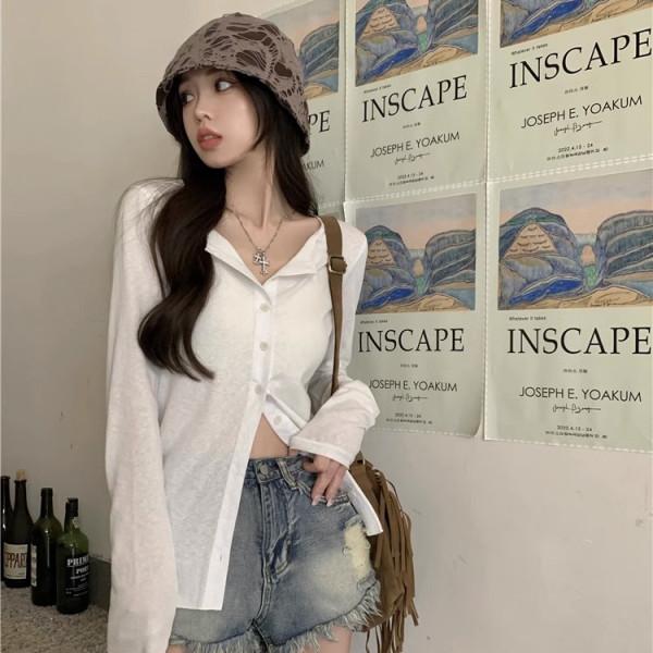 Women's V Neck Long Sleeve Button Down Shirt Slim Fit Korean Style Solid Color Sun Protection Cardigan Casual Top