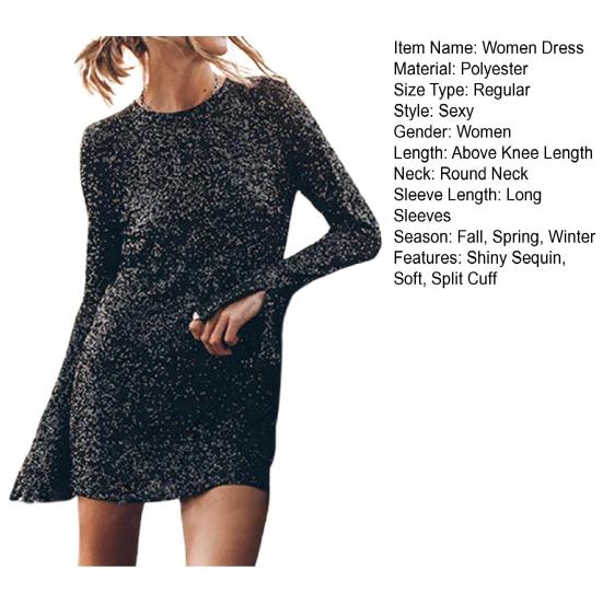 Damen-Kleid mit glänzenden Pailletten, aushöhlen am Rücken, lange Ärmel, lockerer Rundhalsausschnitt, geteilte Manschette, individueller Streetwear, Club, Party, Tanz, Minikleid