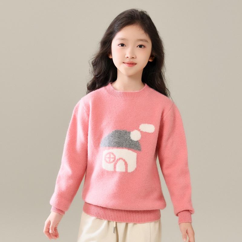 

Unisex Pure Wool Jacquard Knit Sweater - Round Neck, Thick, for All Ages - Fall/Winter Collection 130 cm рожевий