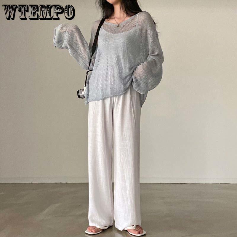 WTEMPO Loose Full Sleeve Jumpers Tops Hollow Out Solid Sexy Knitted Pullovers Women Fashion Casual Streetwear Chic Sweaters