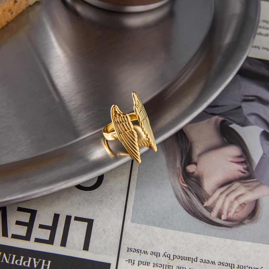Yori Statement Stainless Steel Angel Wings Open Ring Fashion Trendy Waterproof Daily Jewelry Gift Wholesale 2025 New