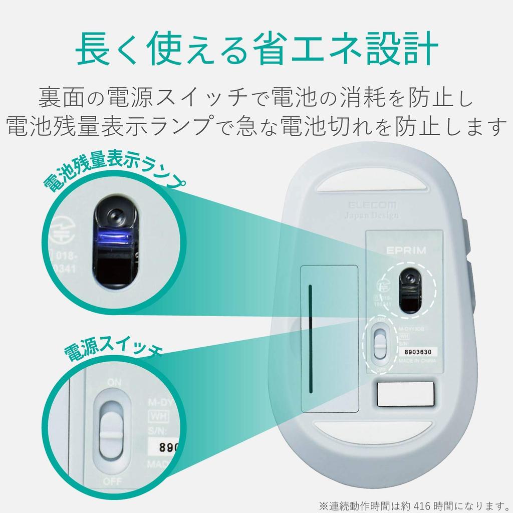 Elecom Wireless Mouse (Receiver Included), Medium Size, 5 Buttons (Back and Forward Buttons), BlueLED, EPRIM, White, M-DY13DBXWH