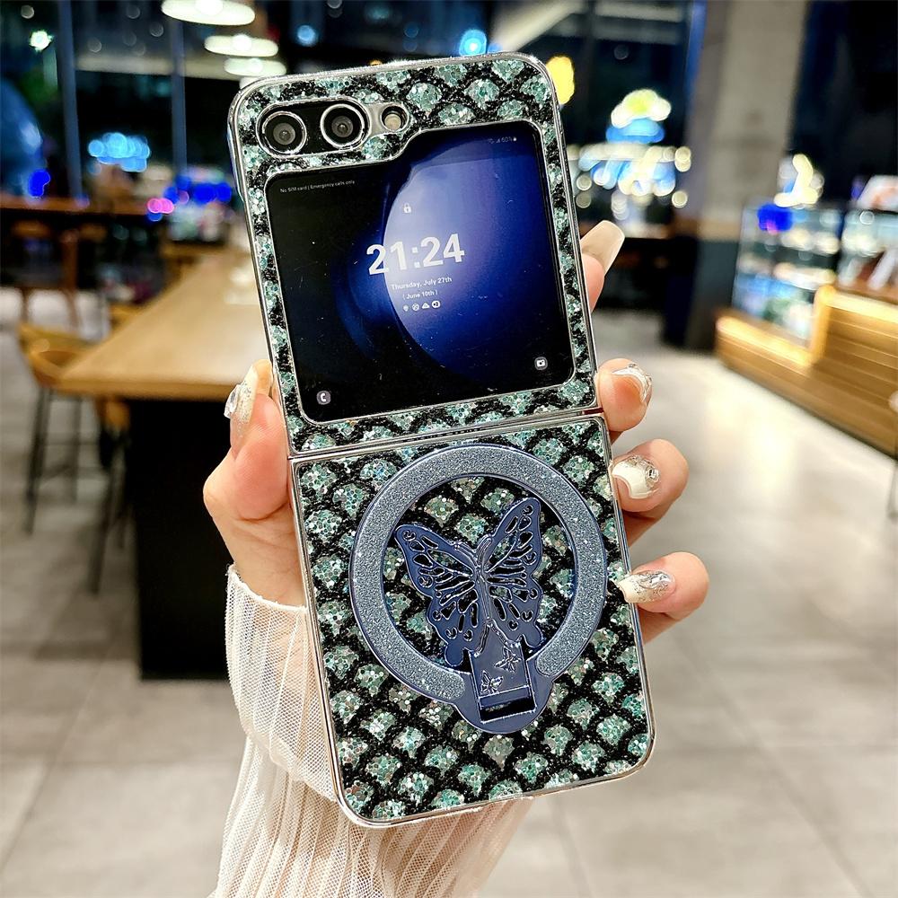 Electroplated Magnetic Leather Phone Case for Samsung Z Flip 6 5 4 3 Flip6 Flip5 Flip4 Flip3 Butterfly Bracket Protective Cover