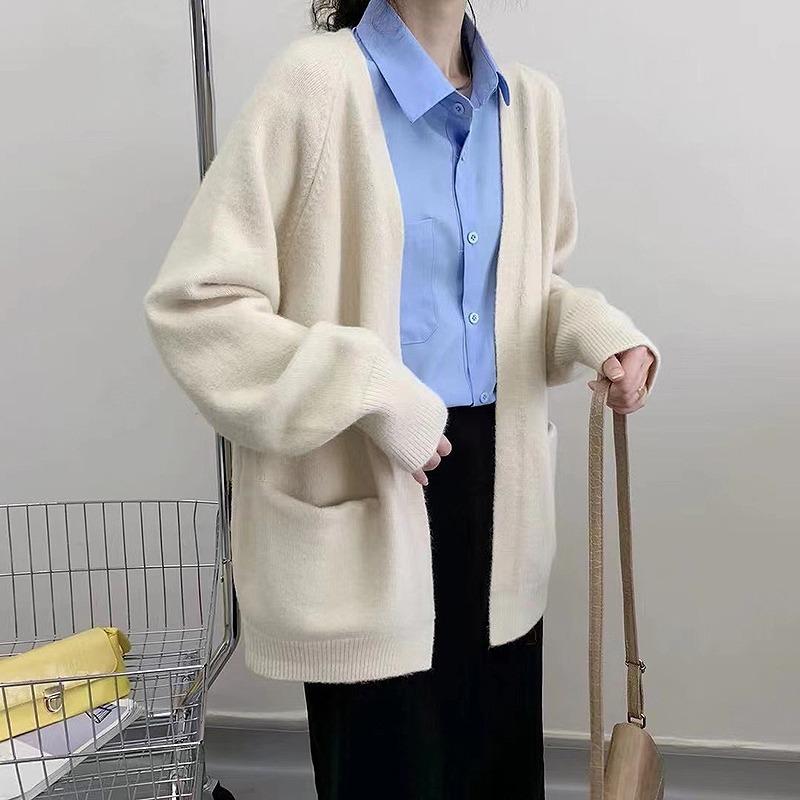 Retro Versatile Sweater Jacket Women's Pocket Buckle-free Spring and Autumn Loose Lazy Style Foreign Style Wear Knitted Cardigan