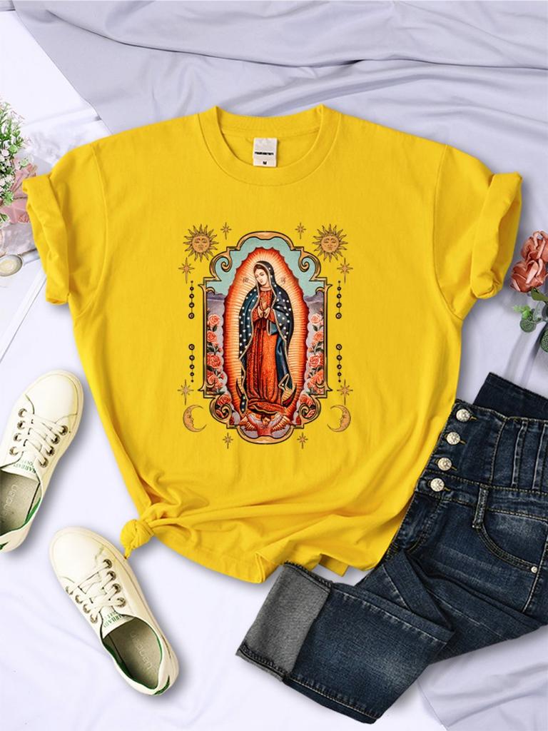 T-shirts pour femme Rue Notre-Dame de Guadalupe Imprimé T-shirts Confortable Col Rond Manches Courtes Douces Été Décontracté Vêtements Féminins
