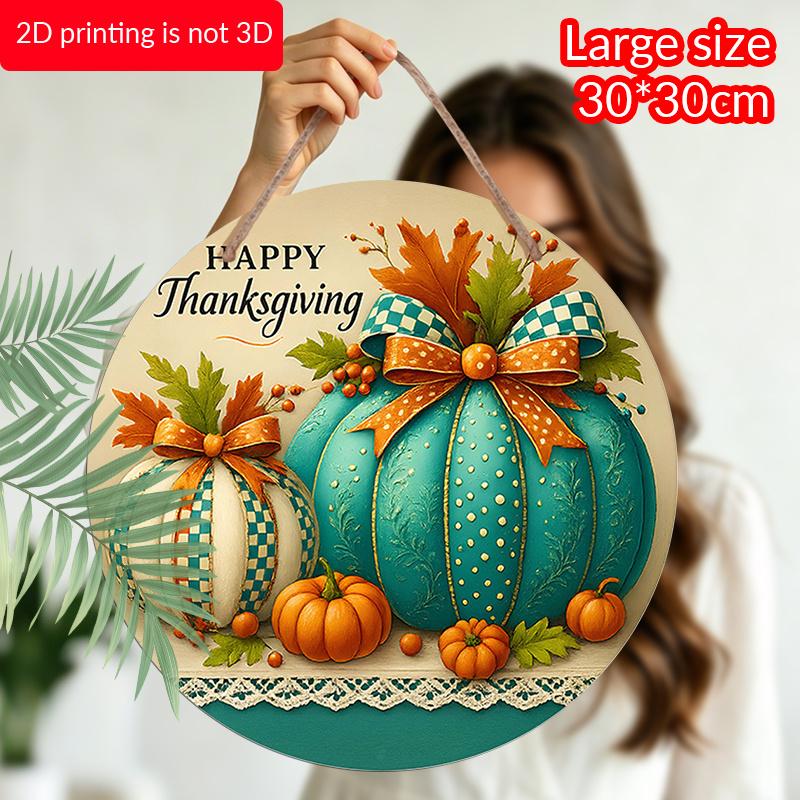 2D Flat, A Single Decorative Aluminum Wall Sign, Featuring a Round Design with The Words 'Happy Thanksgiving', Along with a Pumpkin And Autumn Leaf