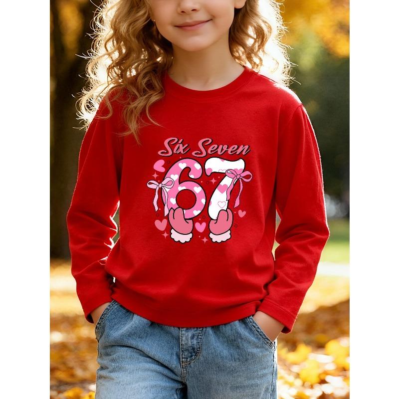 Unisex Kids Pink Crewneck Sweatshirt For 4-12 Girls Cute Heart Fill Number 67 With Pink Bow Cartoon Hands Star Heart Decor Cursive Six Seven Print