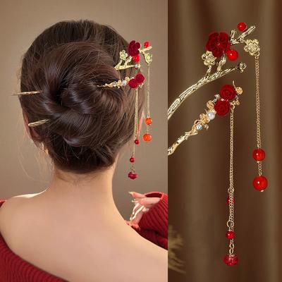 Palillo Rojo Retro para el Cabello Estilo Chino Hanfu Borla Mujeres Flores Palillos Aleación Horquilla Mujer Joyería Pinza para el Cabello Accesorios