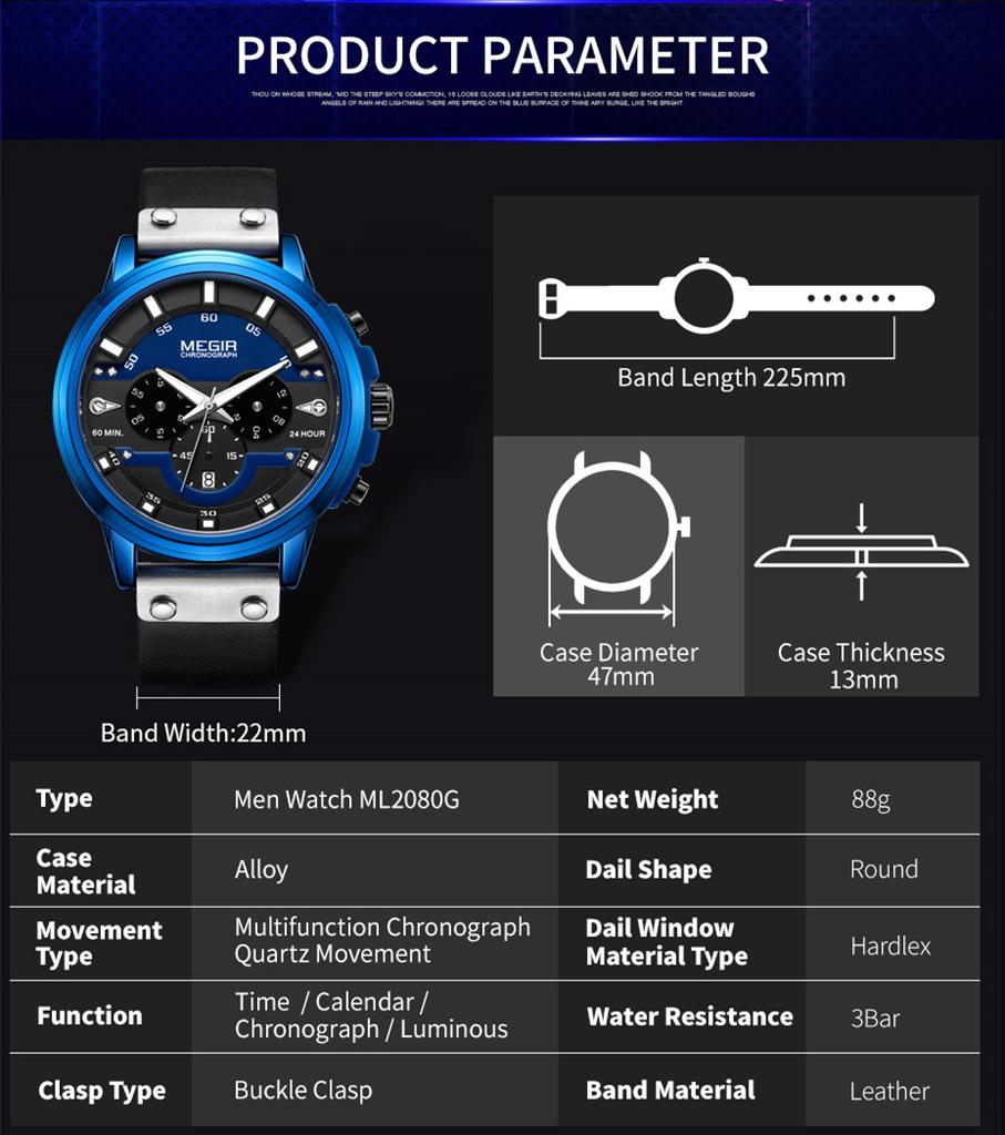 MEGIR Mode Militär Sportuhren für Herren Wasserdichte Quarz-Armbanduhr Chronograph Leuchtendes Kalenderdatum 24-Stunden 2080