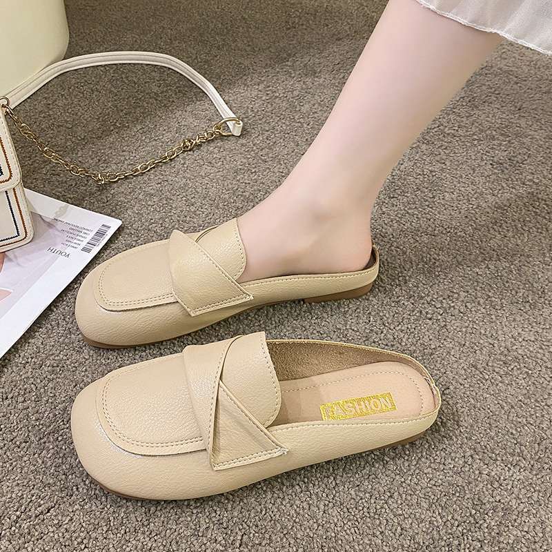 One pedal soft leather bag head half drag women's shoes summer pregnant women wear lazy shoes soft sole non-slip Doudou casual shoes