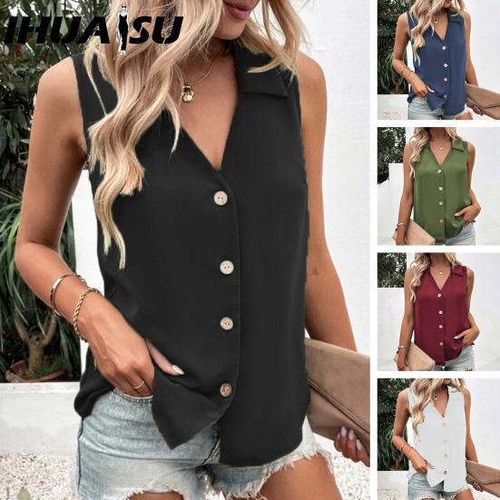 IHUASU Women's Fashion Casual Solid Color Print Sleeveless V Neck Blouses & Shirts