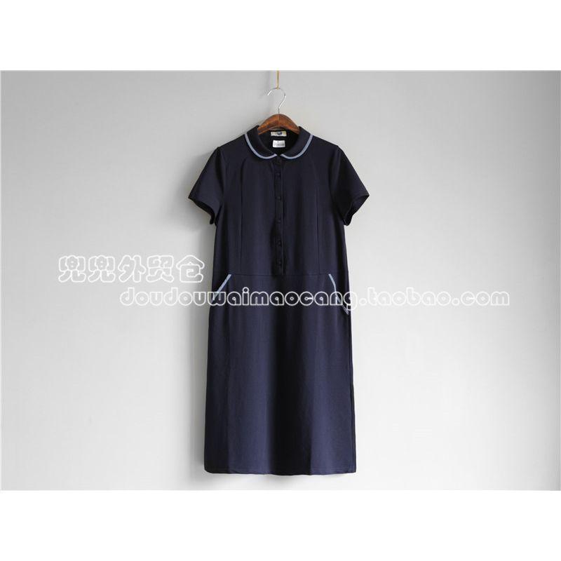 

Color Matching A- line Style Slimming Long-1 Knitted Short Sleeve Navy blue with blue edge L