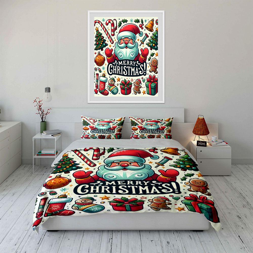Santa Claus Christmas Pattern Bedding Duvet Cover Set Duvet Cover Pillowcases (1*Duvet Cover 2*Pillowcases, Without Duvet Insert)