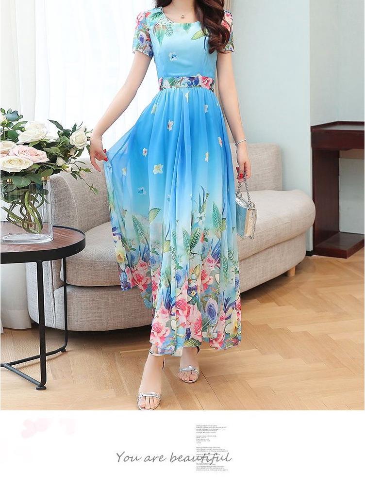 Elegantes Sommerkleid mit U-Ausschnitt, hoher Taille und A-Linie für Frauen mittleren Alters