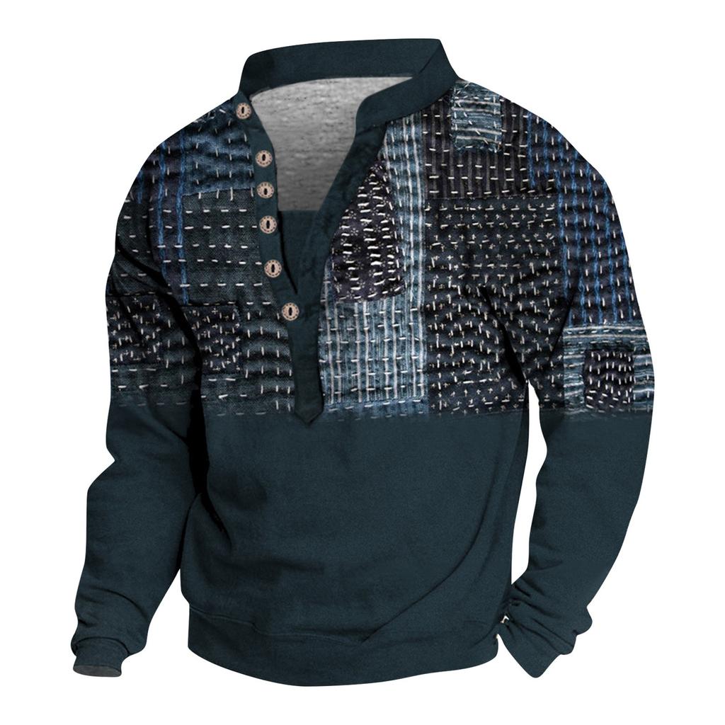 Pullover mit V-Ausschnitt für Herren, 3D-Digitaldruck, Stehkragen, 6 Knöpfe, Vintage-Kragen