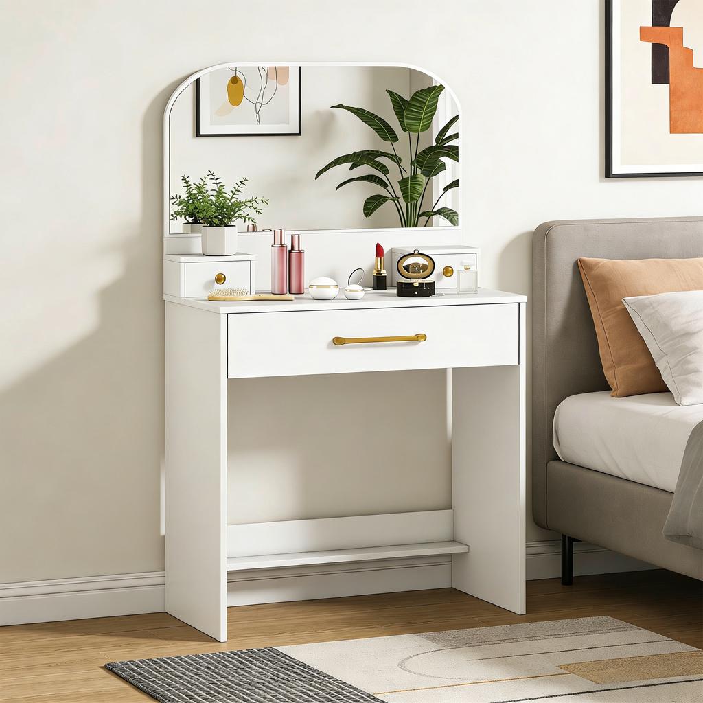 Vanity Table with Mirror, Compact Vanity Table with 3 Drawers, White