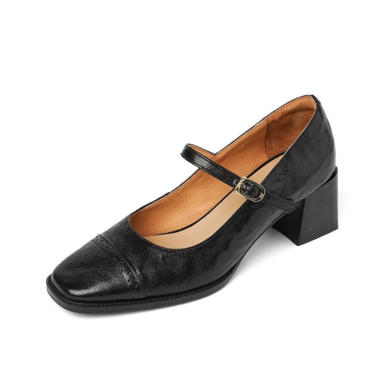 Fashion 2025 New Cow Leather Women Dress Shoes Chunky Heel Retro Mary Janes Shoes Shallow Round Toe Pumps Ankle Strap Ladies Office Shoe