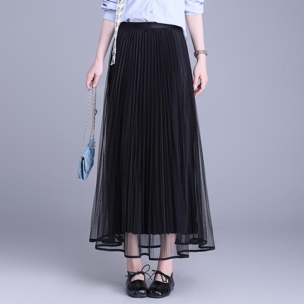 2026 Spring High Waist Pleated Mesh Skirt, Double-Sided Wear, Large Hem, Slimming Commuter Style.
