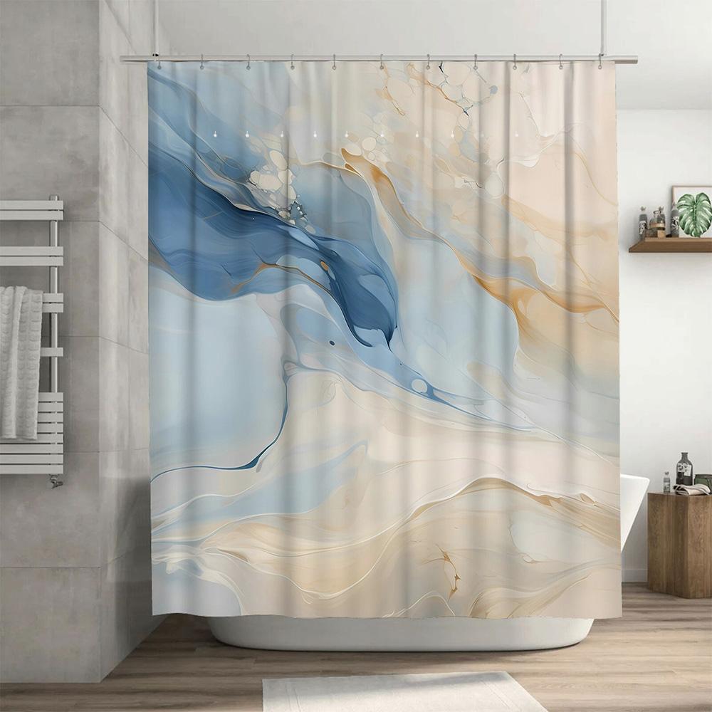 Luxury Blue Beige Marble Print Shower Curtain For Bathroom Decor Waterproof Fabric Material With Silver Grommets Ring Set (180 X