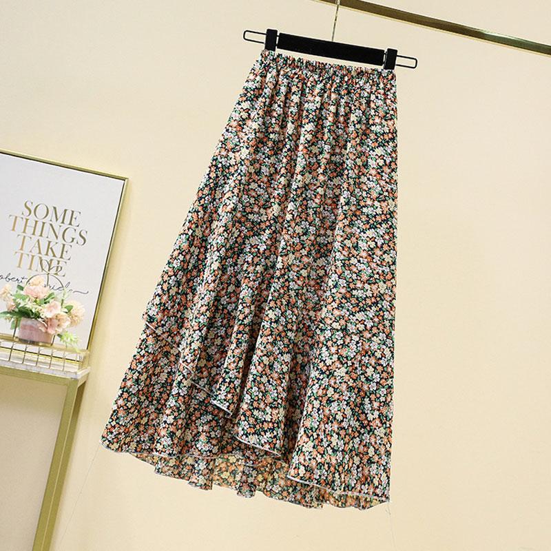 Fashion Ruffles Asymmetrical Midi Skirts Women's Clothing Prairie Chic Broken Flowers Spring Summer Vintage High Waist Skirts