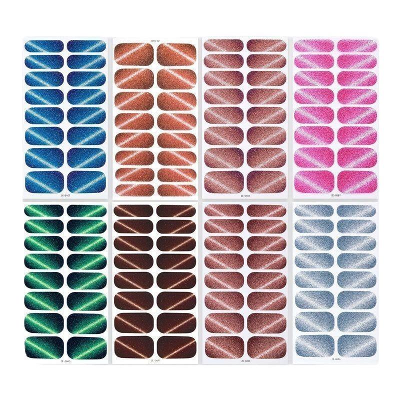 16Tips Cat Eye Nail Stickers, UV Semi-Cured Gel Nail Polish Strips Self-Adhesive Magnetic Cat Eye Effect Nail Art Wraps with Nail File