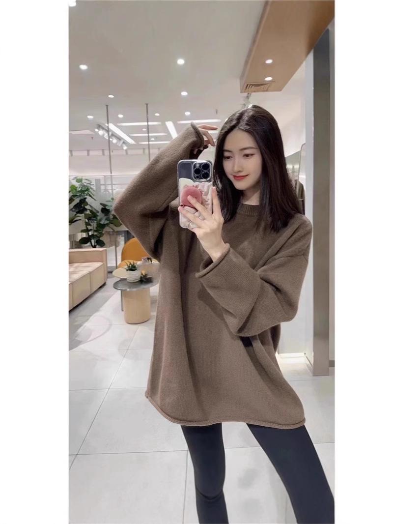 

Women s Mid-Length Wool Round Neck Sweater - Casual Long Sleeve Extra Large хаки