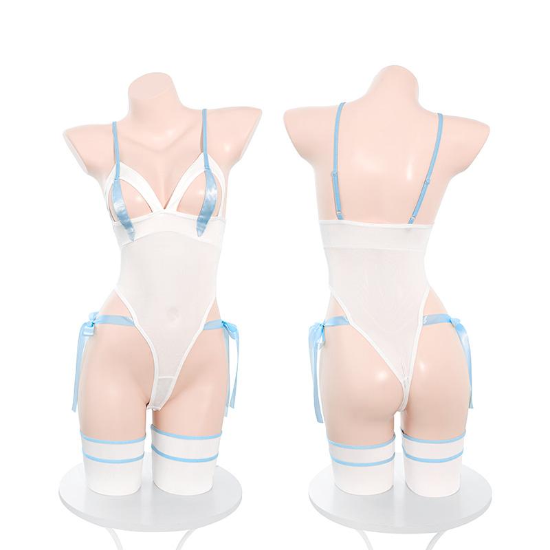 Cat Ears Hollow Cups Open Crotch One-piece Suit Erotic Lingerie Sexy Pure Love Temptation Date Night Erotic Suit