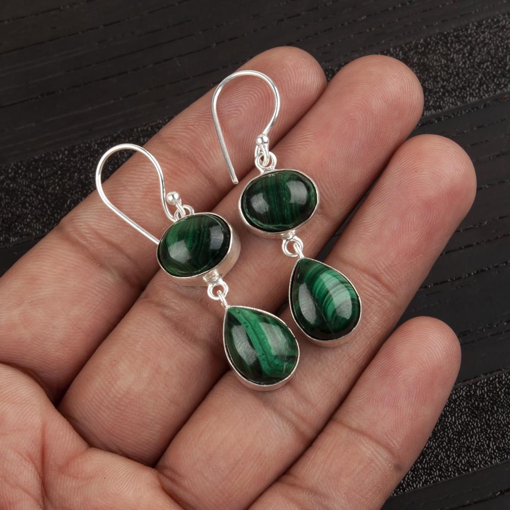 Malachite Gemstone Jewelry, 925 Sterling Silver Earrings, Handmade Awesome Jewelry, Initial Earrings Gift For Women