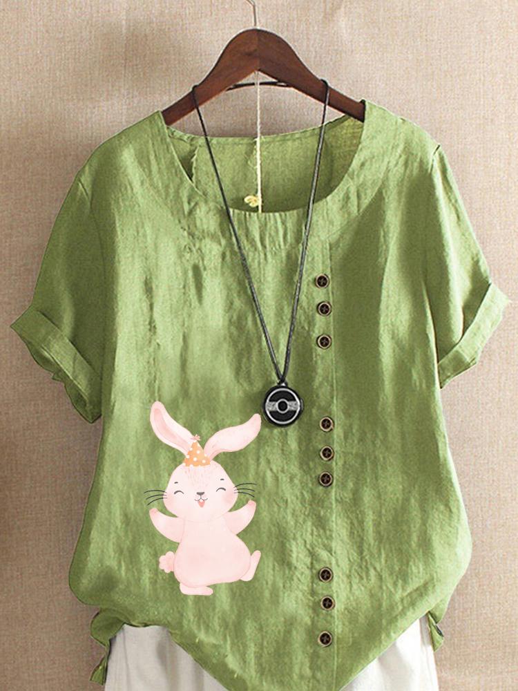 Women's Fashion Cute Rabbit Print Shot Sleeve T-shirt Loose Cotton Shirt Casual Loose Summer Blouse Tops Plus Size